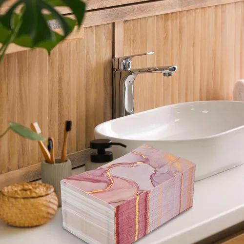 Vista 5 de AnyDesign Paquete de 100 servilletas desechables de mármol para invitados, servilletas de papel elegantes color rosa dorado marmoleado para cena