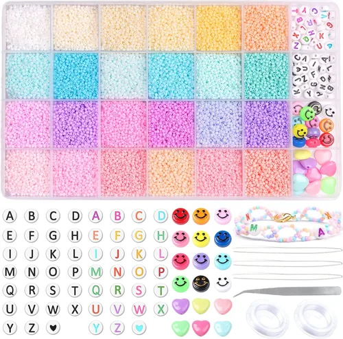 Juego de cuentas de semillas de 0.079 pulgadas, cuentas pequeñas de 24 colores para pulseras, 11/0 de color caramelo pastel con cuentas de letras