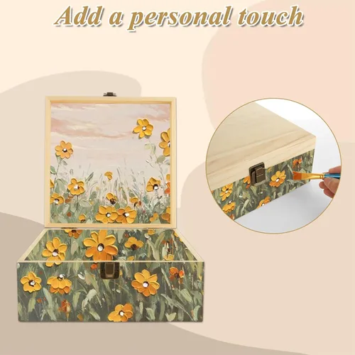 Vista 4 de 2 cajas de madera grandes, 12.6 x 8 x 3.1 pulgadas, caja de madera sin terminar con tapa con bisagras, cajas de madera reutilizables