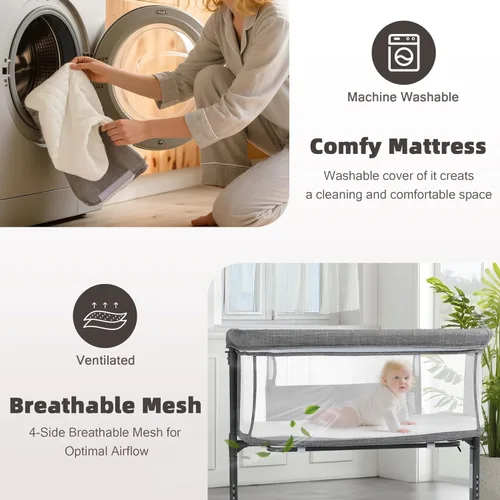 Vista 4 de Moisés para bebé, cuna portátil para recién nacido, con ruedas bloqueables, altura ajustable, colchón suave extraíble, color gris