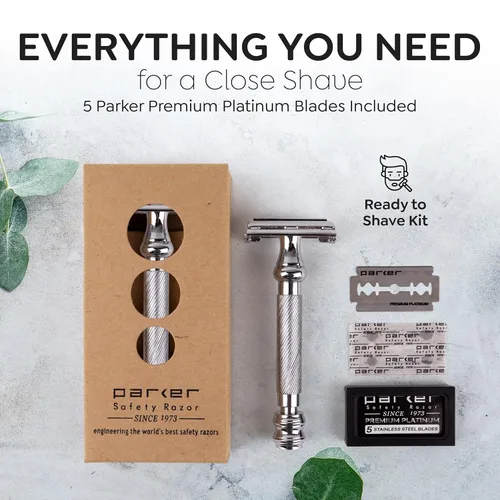 Vista 7 de Parker 99R Chrome Long Handle Heavyweight Butterfly Open Double Edge Safety Razor for Men 5 Parker Premium Platinum Double Edge Razor Blades
