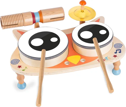 Vista 21 de Stoie's Instrumentos musicales de madera para niños pequeños con tambor, flauta, campanas de mano, platillos, castañuelas, triángulo, para bebés