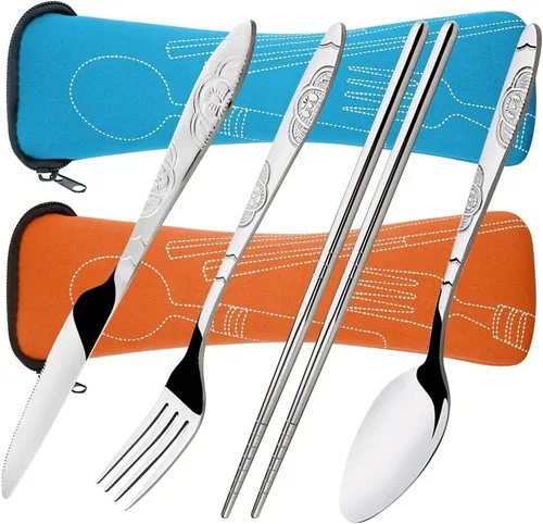 Vista 11 de SENHAI - Juego de cubiertos de 8 piezas, cuchillo, tenedor, cuchara, palillos, paquete de 2 vajilla de acero inoxidable a prueba de óxido