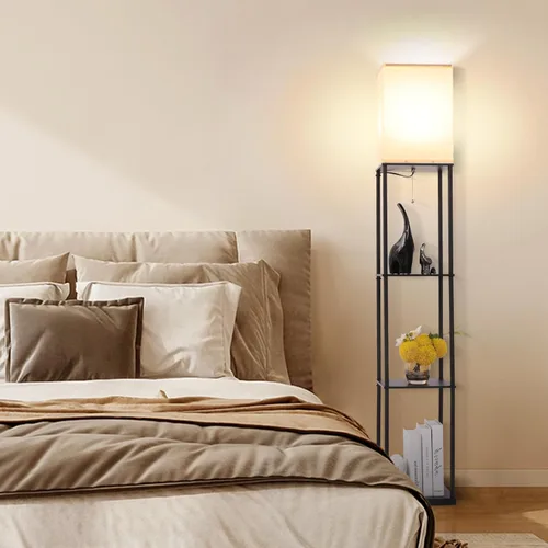 Vista 5 de Gupuzm Lámpara de pie con estantes, moderna lámpara de pie cuadrada con bombilla de 3 temperaturas de color, lámpara de estantería de exhibición