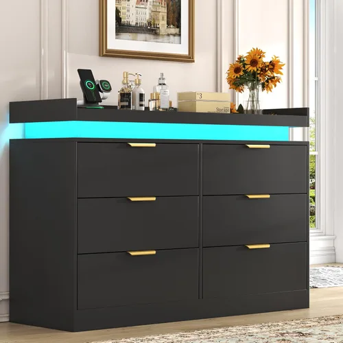 Vista 12 de UNIQUITE Cómoda negra con luces LED y toma de corriente, cómoda alta de madera con 4 cajones para dormitorio, cómoda moderna para dormitorio