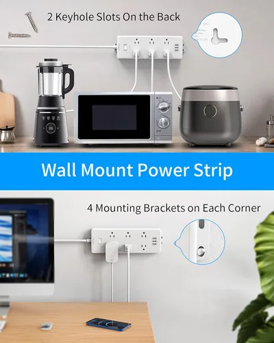 Vista 4 de Regleta de alimentación con 6 tomas espaciadas superanchas con USB, cable de extensión de 10 pies, protector de sobretensiones de enchufe plano