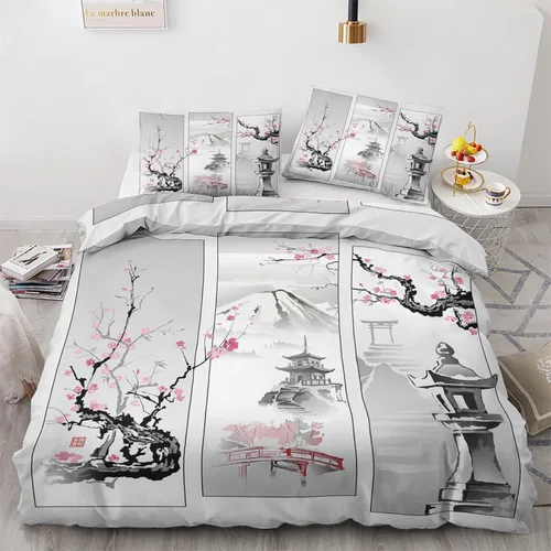 Vista 17 de Funda de edredón japonesa tamaño individual Juego de cama de grúa japonesa 2 piezas Funda de edredón con patrón de microfibra suave con lazos