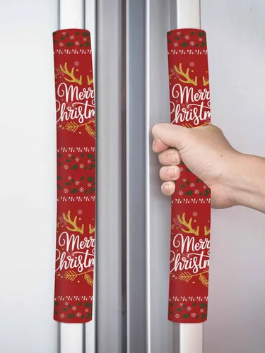 Vista 2 de Juego de 2 fundas rojas de Navidad para manijas de puerta de refrigerador para lavavajillas, microondas, horno, nevera, estufa, electrodomésticos
