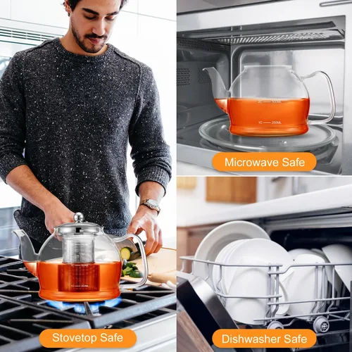 Vista 5 de STNTUS Tetera de vidrio con infusor, 27 onzas / 800 ml para té suelto, teteras con colador de acero inoxidable, apta para encimera