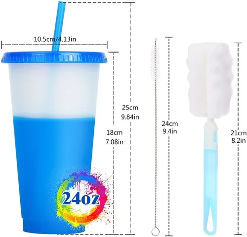 Vista 4 de Vasos que cambian de color con tapas y pajitas, 7 vasos reutilizables a granel de plástico para adultos y niños, vaso de 24 onzas