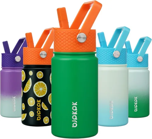Vista 35 de BJPKPK Botella de agua con tapa con pajilla, botella de agua aislada de 15 onzas, botellas de agua de metal de acero inoxidable, termo reutilizable
