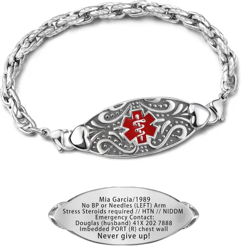 Vista 10 de Pulseras de alerta médica personalizadas para mujeres con grabado gratis, pulsera de identificación de emergencia personalizada impermeable