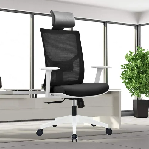 Vista 2 de Silla de oficina ergonómica de malla multifunción con soporte lumbar, reposabrazos ajustable (reposacabezas, negro-blanco)