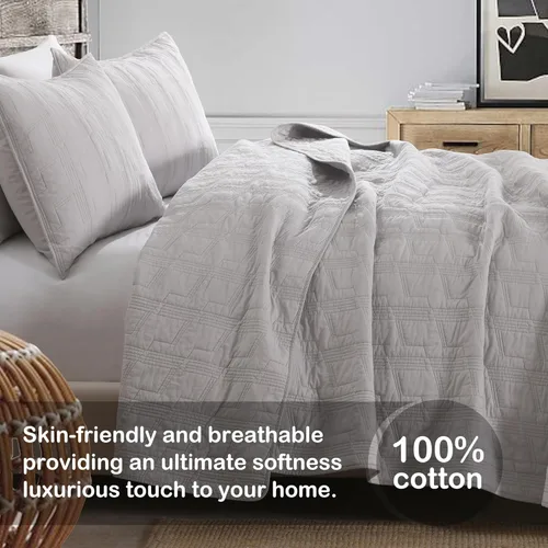 Vista 2 de HORIMOTE HOME Juego de edredón 100% algodón tamaño Queen, juego de colcha prelavada gris claro, funda de cama decorativa con costuras ligeras y 2