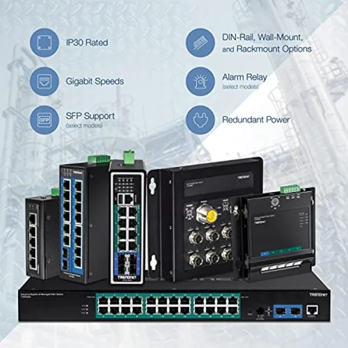 Vista 7 de TRENDnet Interruptor de riel DIN Gigabit PoE+ industrial endurecido de 16 puertos; TI-PG162; 14 puertos Gigabit; 2 x ranuras SFP Gigabit; 32Gbps