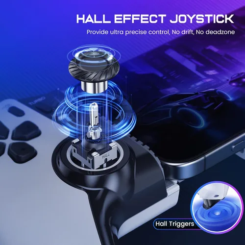 Vista 2 de Controlador de teléfono inalámbrico para iPhone/Android/Switch 1/2/OLED/iPad Mini con Hall Joystick, controlador de juegos móvil LED para iOS Blanco