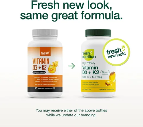 Vista 8 de Fresh Nutrition - Cápsulas veganas de vitamina D3 + K2 - 6400 UI D3 + 140 mcg de K2 como MK-7 para una absorción óptima y 800 mcg de vitamina A