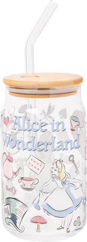 Silver Buffalo Disney Alice in Wonderland Tarro de vidrio con tapa de bambú y pajita de vidrio, 16 onzas