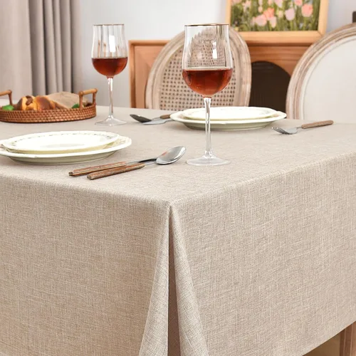 Vista 3 de Fitable Mantel de lino sintético beige de 60 x 84 pulgadas, paquete de 2 manteles neutros para mesas rectangulares, fundas de mesa de arpillera