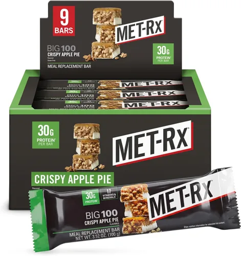 MET-Rx Big 100 barras de proteínas colosales, pastel de manzana crujiente, barras sustitutivas de comidas, 9 unidades