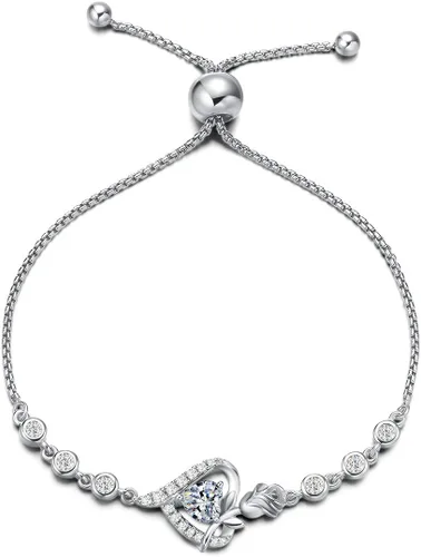 AGVANA Rosy Reverie - Pulsera de piedra natal para mujer, de plata de ley, con piedras preciosas genuinas o creadas, joyería de corazón de rosa,