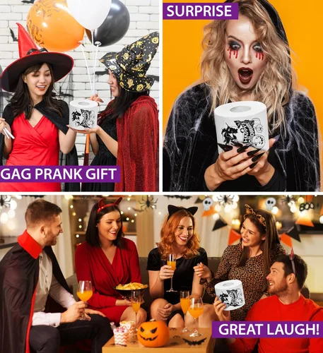 Vista 4 de Printed TP Papel higiénico impreso con texto en inglés "Happy Halloween", rollo de papel higiénico aterrador para sorpresa, broma, divertido regalo