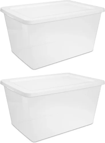 Paquete de 2 contenedores de almacenamiento transparentes de 58 cuartos de galón con tapas blancas a presión, recipientes de plástico apilables para