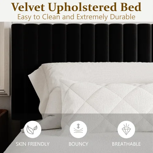 Vista 4 de Sismplly - Base de cama tamaño Full con cabecera acolchada en terciopelo, cama plataforma con listones de madera resistentes, base para colchón