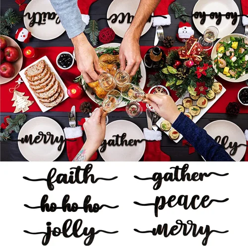 Vista 4 de 12 piezas de letreros de madera con palabras navideñas recortadas "Joyful Merry Thankful Grateful Blessed Peace Gather" para decoración de plato