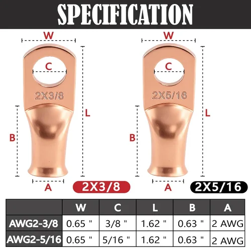 Vista 3 de Kit de 20 terminales de cable de batería (2 AWG-5/16+2 AWG-3/8), anillo de alambre de cobre resistente, terminales de cobre con 20 tubos