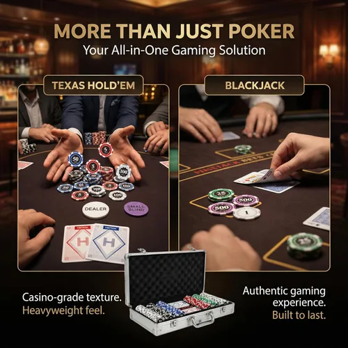 Vista 9 de Fichas de póquer con denominaciones, juego de 300 piezas de 11.5g con números, fichas de casino pesadas, 5 dados, 2 barajas con estuche compacto