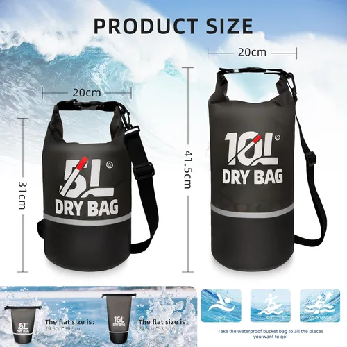 Vista 8 de Bolsa seca impermeable para mujeres y hombres, bolsa de almacenamiento ligera enrollable de 10 L, mochila reflectante con bolsa impermeable