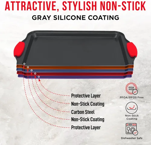 Vista 5 de Bandeja antiadherente para galletas de acero al carbono, bandeja de horno con asas de silicona rojas - Bandeja pequeña para hornear