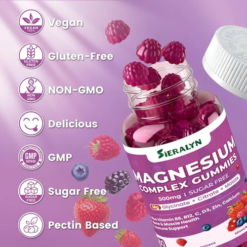 Vista 7 de Gomitas de complejo de magnesio de 500 mg – Glicinato de magnesio, citrato, malato con vitamina D3, C, B6, B12, zinc y calcio, suplemento masticable