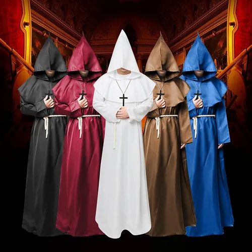 Vista 2 de Disfraz de fraile medieval renacentista, monje con capucha, disfraz de Halloween
