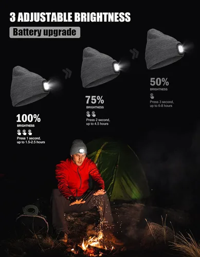 Vista 6 de Gorro LED unisex con luz, recargable por USB, manos libres, luz nocturna, gorro de punto con linterna, regalos para papá, padre, marido