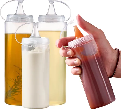 Crystalia Botellas exprimibles, juego de botellas para chorros con tapa, recipiente para condimentos para aceite, salsa de tomate y mostaza, jarabe