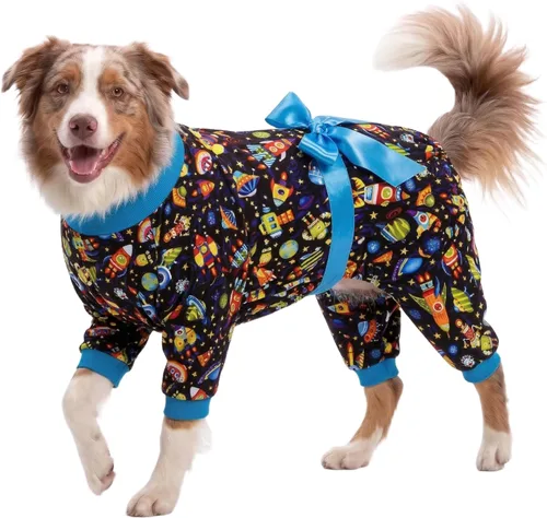 LovinPet Pijama grande para perros, camisa de recuperación poscirugía, tela elástica, estampado de franela azul marino, antilamer, pijamas fáciles