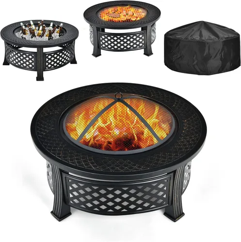 Giantex Pozo de fuego 3 en 1, hoguera de leña al aire libre de 32 pulgadas, estufa redonda multifuncional, cuenco de metal con tapa, hoguera