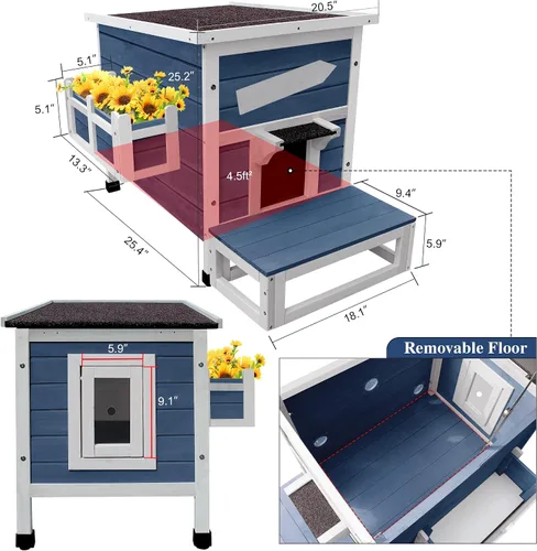 Vista 6 de HiCaptain Casa para gatos al aire libre, bonita casa para gatos al aire libre, refugio de madera resistente a la intemperie para gatos callejeros