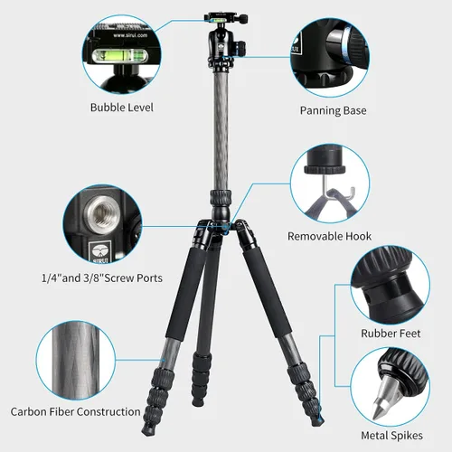 Vista 2 de SIRUI Trípode profesional de fibra de carbono resistente, trípode de cámara de 61 ″ con cabezal de bola fluida, carga máxima de 33 libras