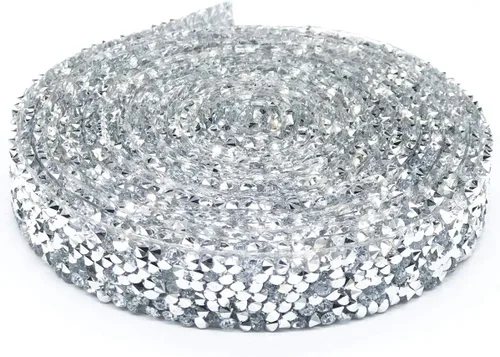 Vista 2 de Dowarm Cinta de diamantes de imitación de 3 yardas, rollo de cinta de diamantes de imitación, envoltura de malla con diamantes de imitación Plata