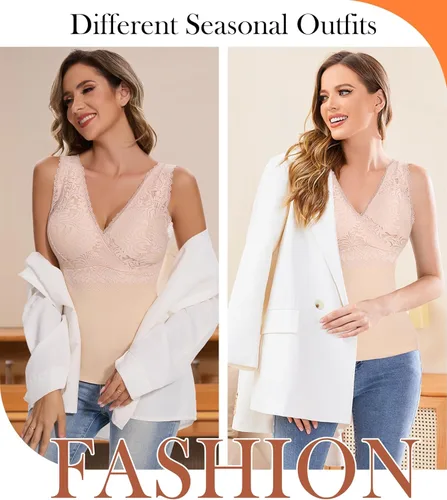 Vista 5 de Camiseta sin mangas adelgazante para mujer, cuello en V, camisola de encaje con brasier integrado, capa base