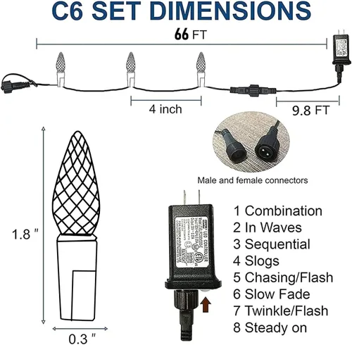 Vista 2 de TW SHINE Luces de Cadena Navideñas C6, 200 LED 66 Pies Luces de Navidad para Exteriores con 8 Modos Temporizador, Impermeables Conectables