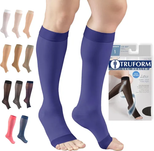 Vista 10 de Truform Medias de compresión transparentes, 15-20 mmHg, longitud hasta la rodilla para mujer, punta abierta, 20 denier, beige, talla S