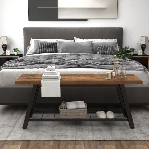 Vista 6 de Oastreeful Banco de almacenamiento industrial rústico de madera y metal para zapatos y botas, estante de entrada, banco largo para pasillo, Marrón