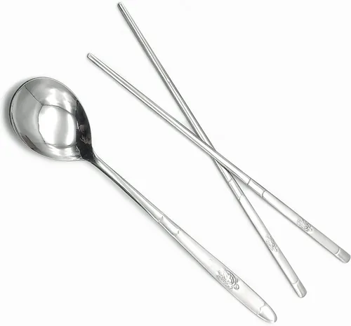 Vista 6 de SUPIA Cubertería tradicional coreana de acero inoxidable cucharas y palillos juego de vajilla con mano larga, reutilizable (tortuga plateada)