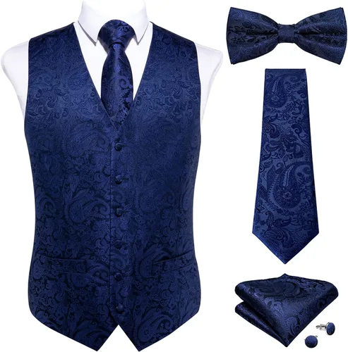Vista 18 de DiBanGu Conjunto de 5 chalecos de seda con corbata y corbatín para hombre Paisley oro negro