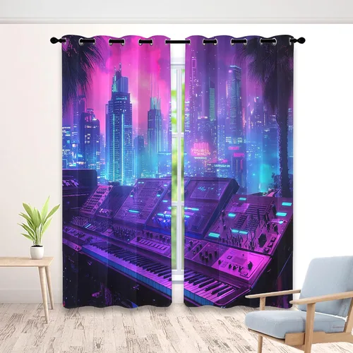 Vista 9 de Cortinas de neón Synthwave para dormitorio, cortinas de atardecer urbano de 63 pulgadas de largo para sala de estar, cortinas opacas retro