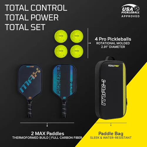 Vista 2 de Premium Max Pickleball Paddle Set – 2 paletas termoformadas de fibra de carbono serie Max con superficie CAS, 4 bolas rotacionales para exteriores